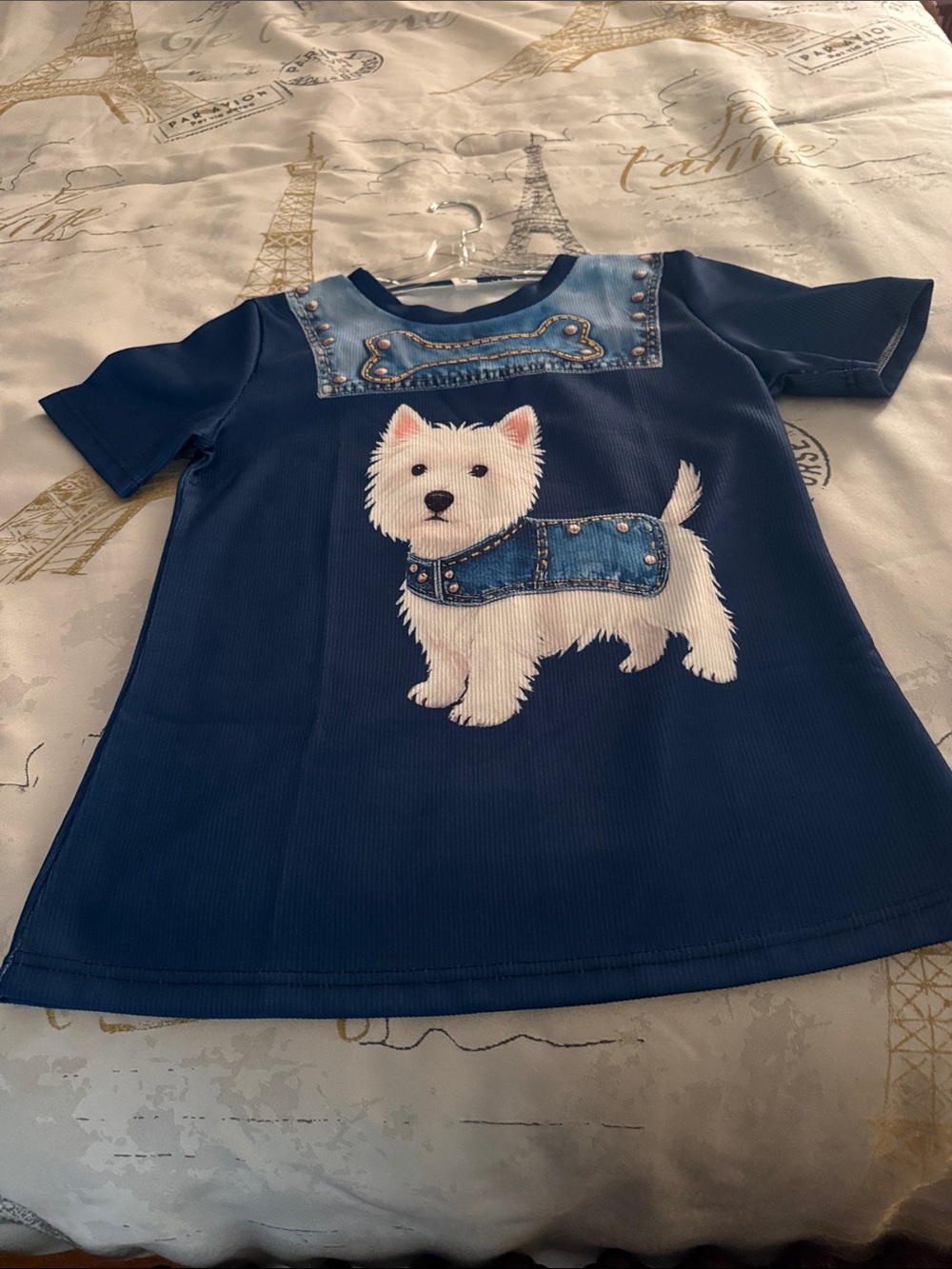 Navy Kids Dress with White Westie Dog Graphic